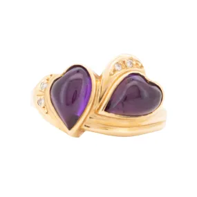 18K Gold Double Heart Ring Amethyst Cabochon and Diamond R6743