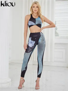 3D Digital Print Two Piece Set Women Summer Sleeveless Workout Cropped Vest+Matching Skinny Trousers Girls Fitness Outfits