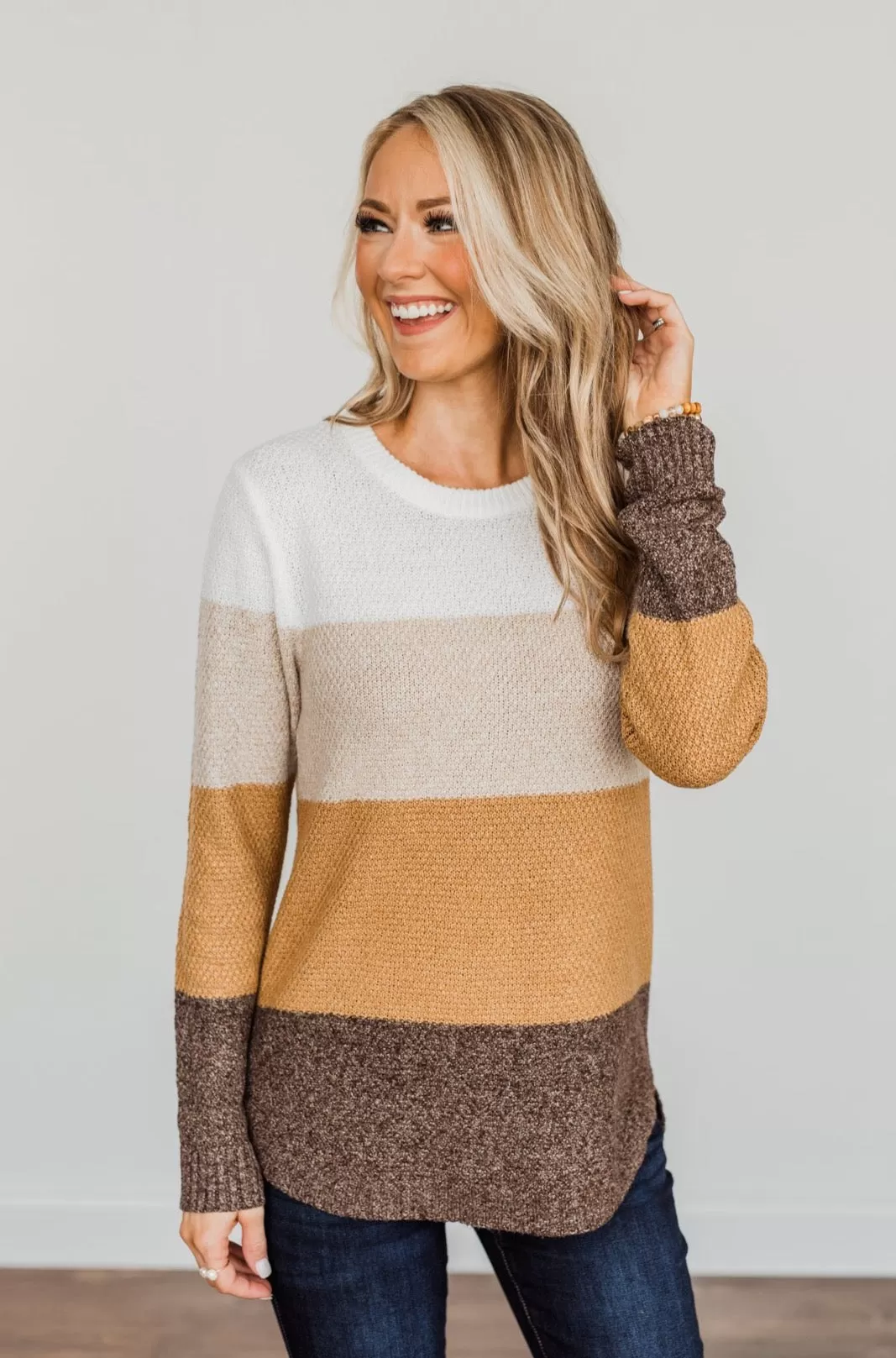 All About Autumn Color Block Knit Sweater- Camel & Oatmeal