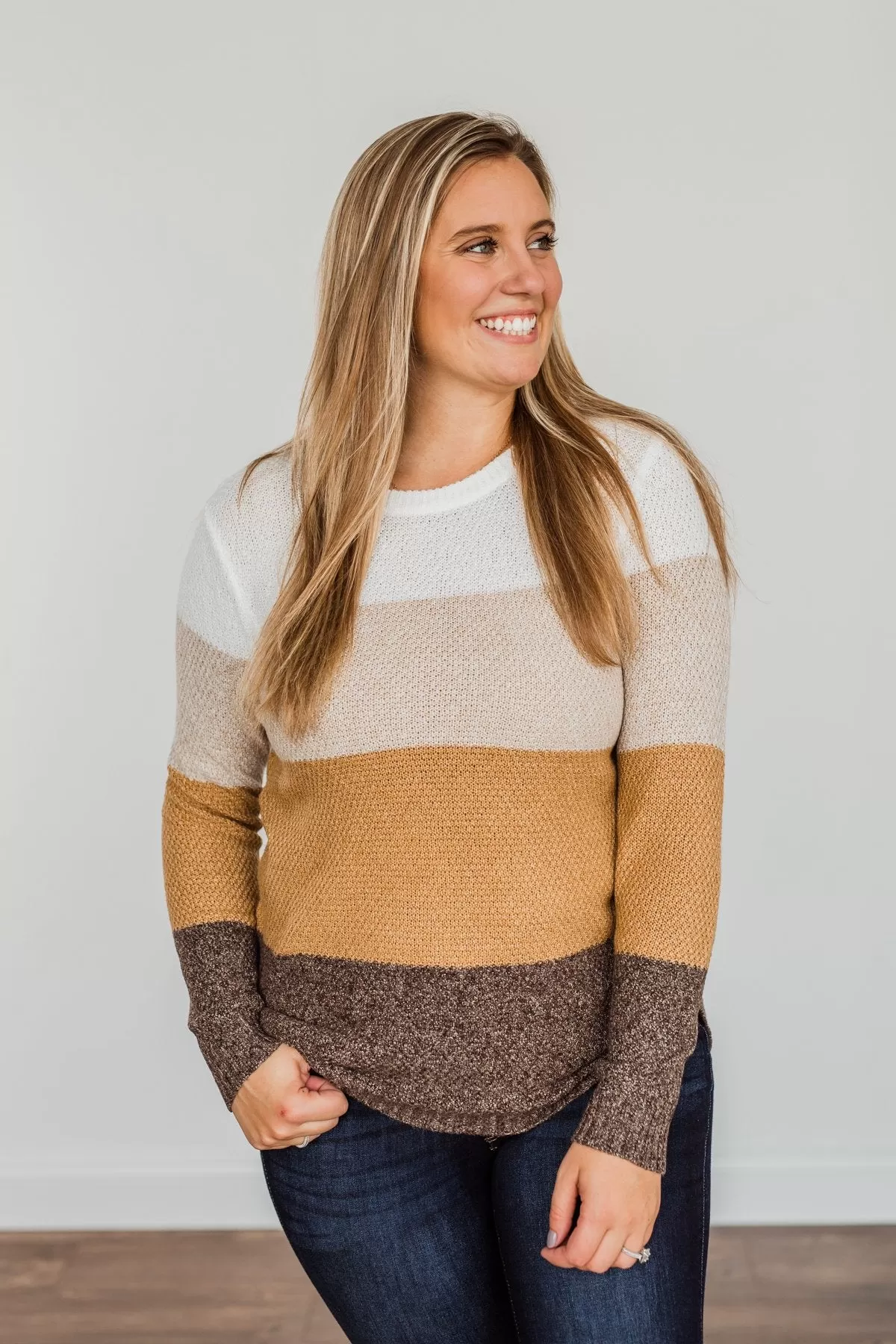 All About Autumn Color Block Knit Sweater- Camel & Oatmeal