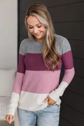 All About Spring Color Block Knit Sweater- Magenta & Mauve