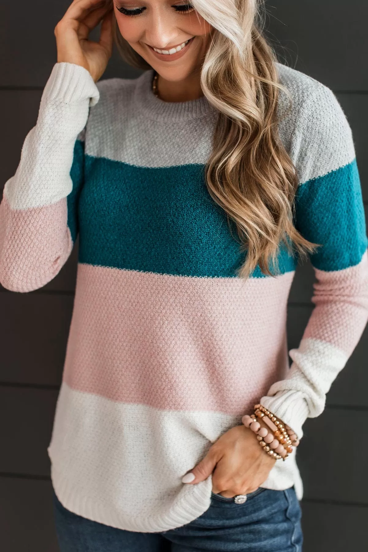 All About Spring Color Block Knit Sweater- Teal & Peach