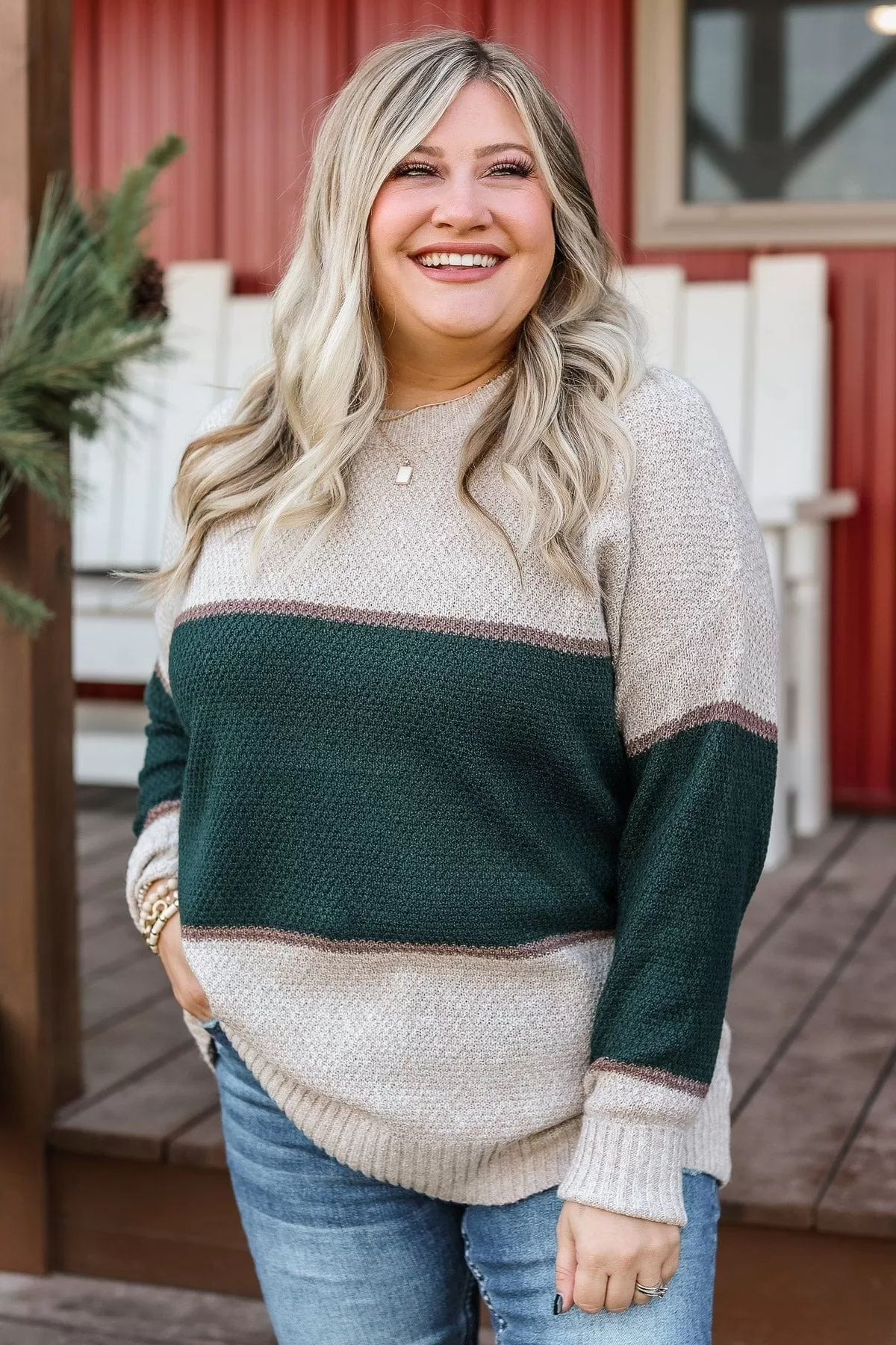 Always There For You Knit Sweater- Oatmeal & Forest Green