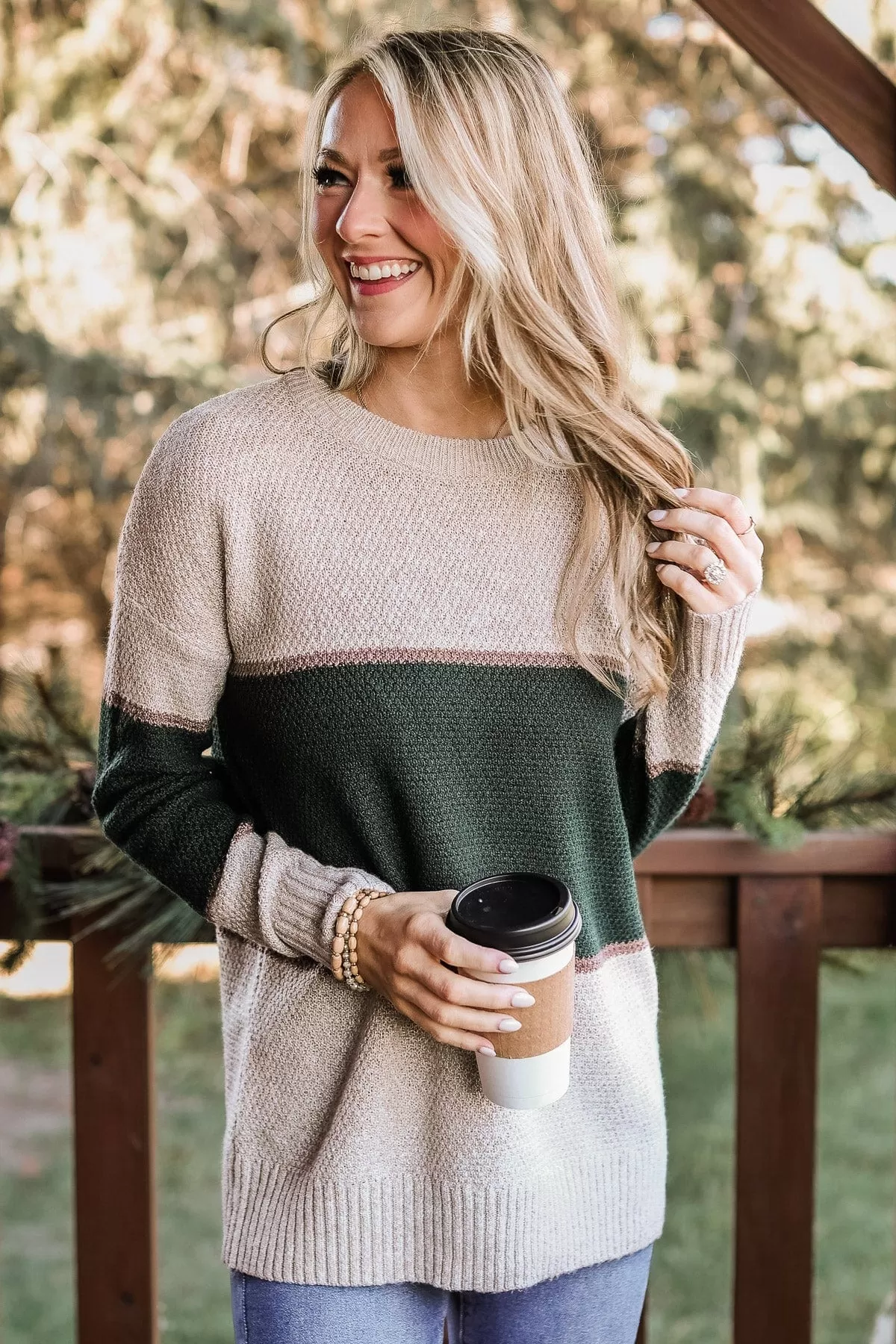 Always There For You Knit Sweater- Oatmeal & Forest Green