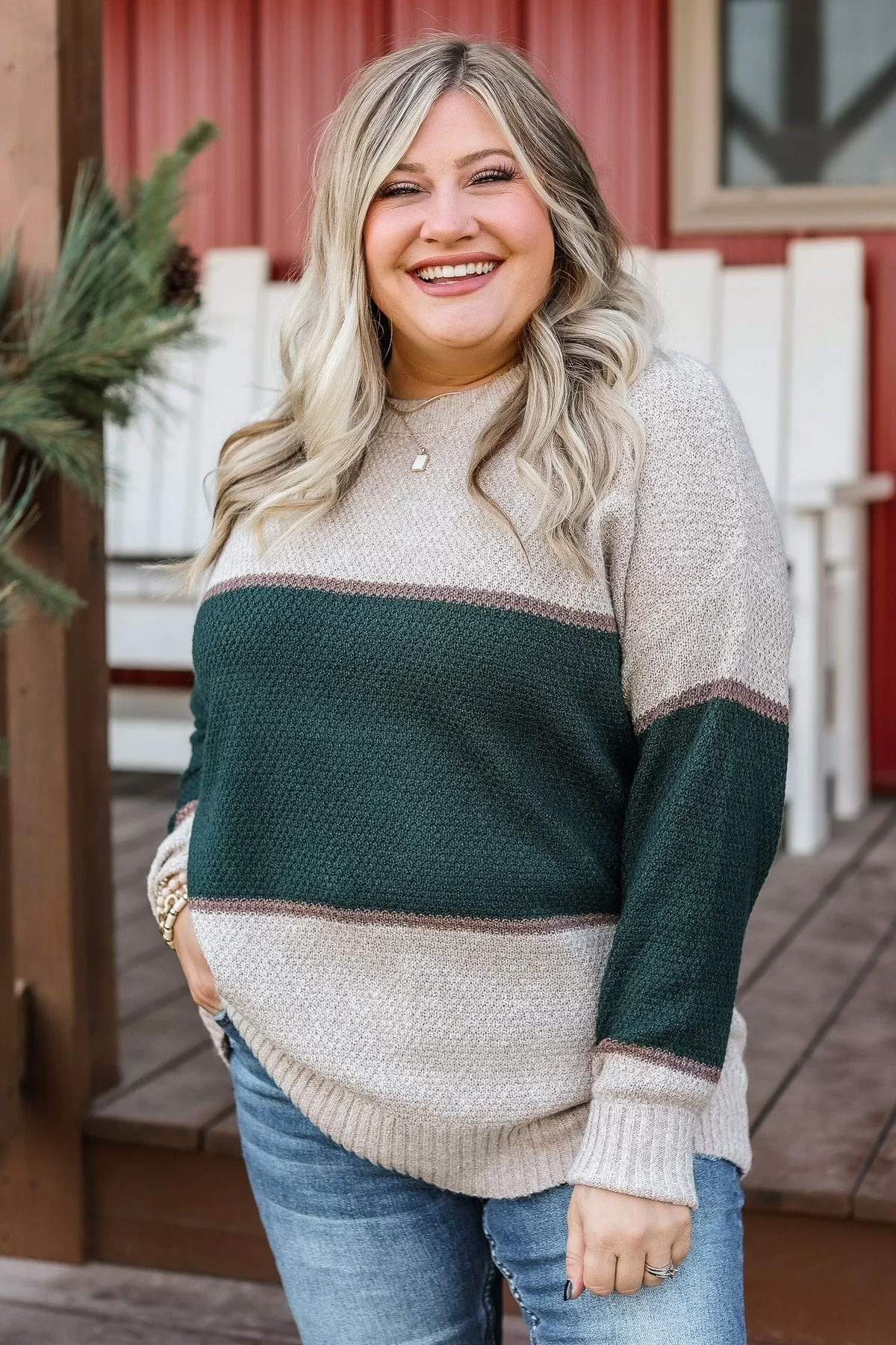 Always There For You Knit Sweater- Oatmeal & Forest Green