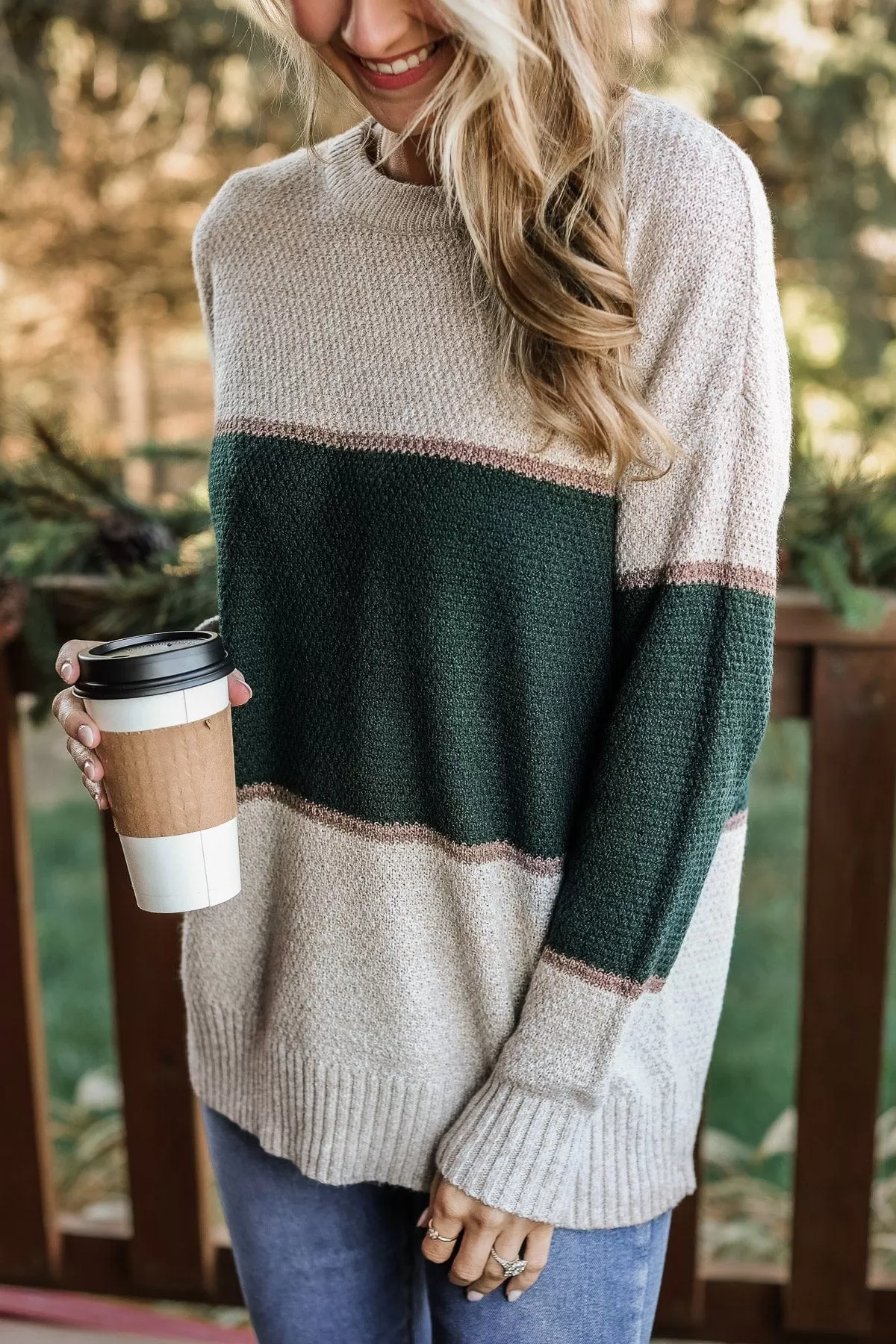 Always There For You Knit Sweater- Oatmeal & Forest Green