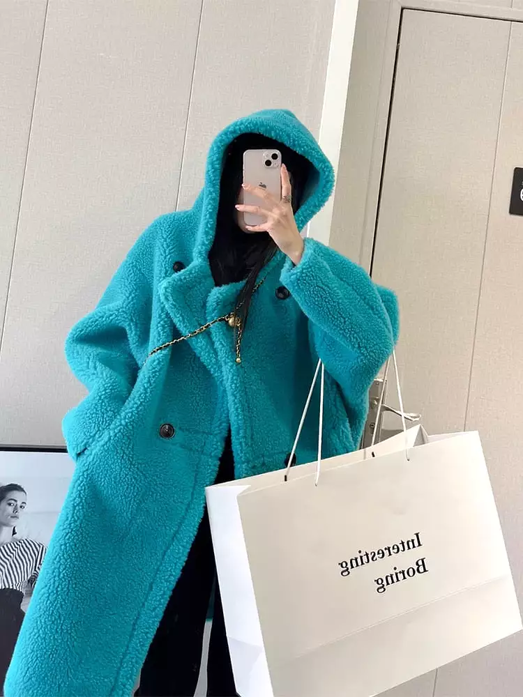 Ashore shop Autumn Winter Long Oversized Brown White Blue Thick Warm Soft Teddy Coat Women with Hood Stylish Faux Fur OverCoat 2