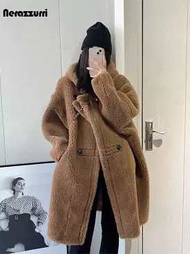 Ashore shop Autumn Winter Long Oversized Brown White Blue Thick Warm Soft Teddy Coat Women with Hood Stylish Faux Fur OverCoat 2