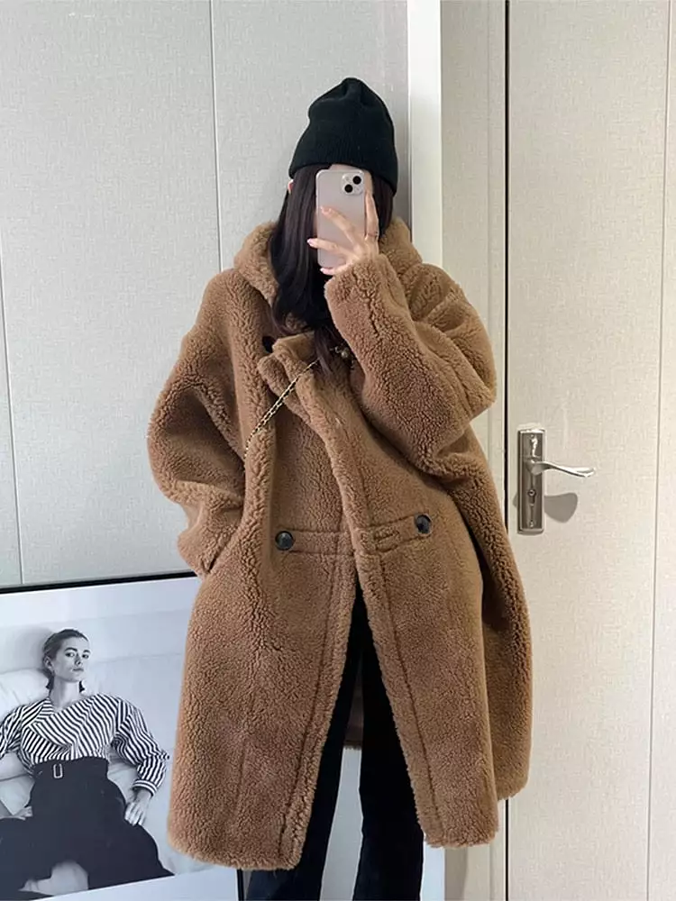 Ashore shop Autumn Winter Long Oversized Brown White Blue Thick Warm Soft Teddy Coat Women with Hood Stylish Faux Fur OverCoat 2