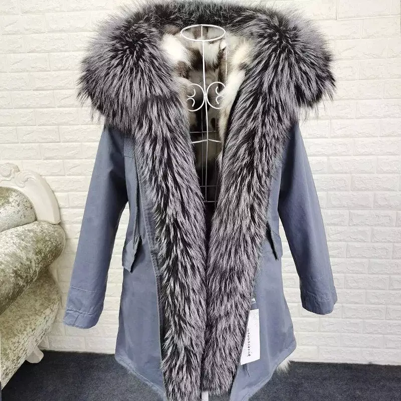 Ashore Shop Natural Real Fox Fur Inner Fur Jacket Winter Women Parka Big Luxury Fox Raccoon Fur Collar Coat Warm Female Clothing