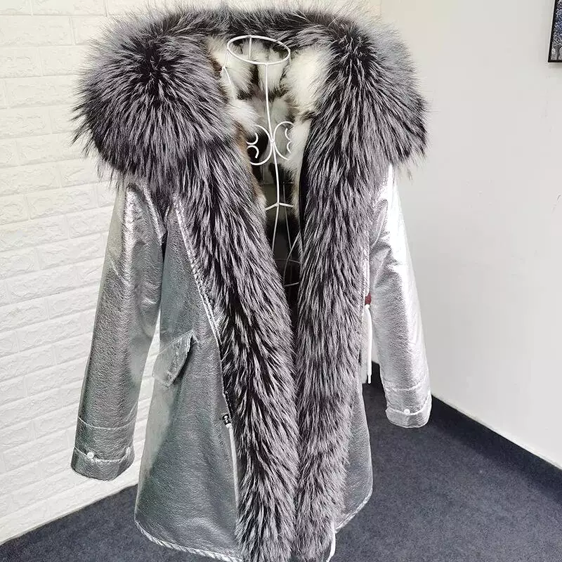 Ashore Shop Natural Real Fox Fur Inner Fur Jacket Winter Women Parka Big Luxury Fox Raccoon Fur Collar Coat Warm Female Clothing