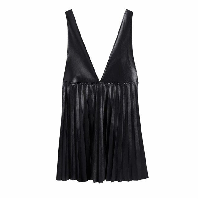 Autumn Stylish Lady Faux Leather Za Black Sleeveless Mini Dresses Women Fashion V-Neck High Waist Pleated Pu Straps Dress