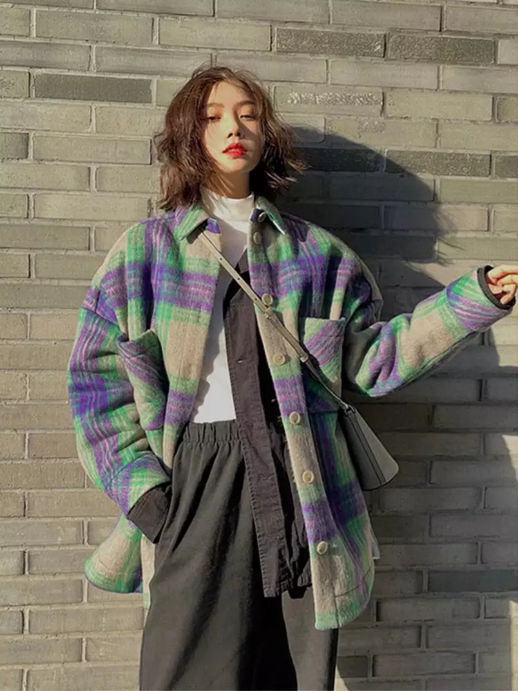 Autumn Winter Loose Casual Colorful Plaid Woolen Shacket Women Drop Shoulder Long Sleeve Luxury Designer Clothes 2022