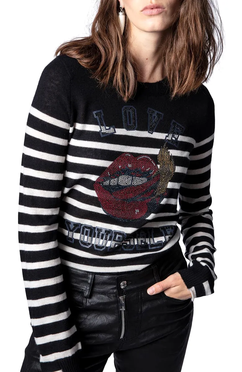 BEADED LOVE YOURSELF STRIPE CASHMERE SWEATER