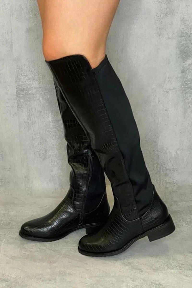 Black Croc Knee High Flat Boots - Reginna