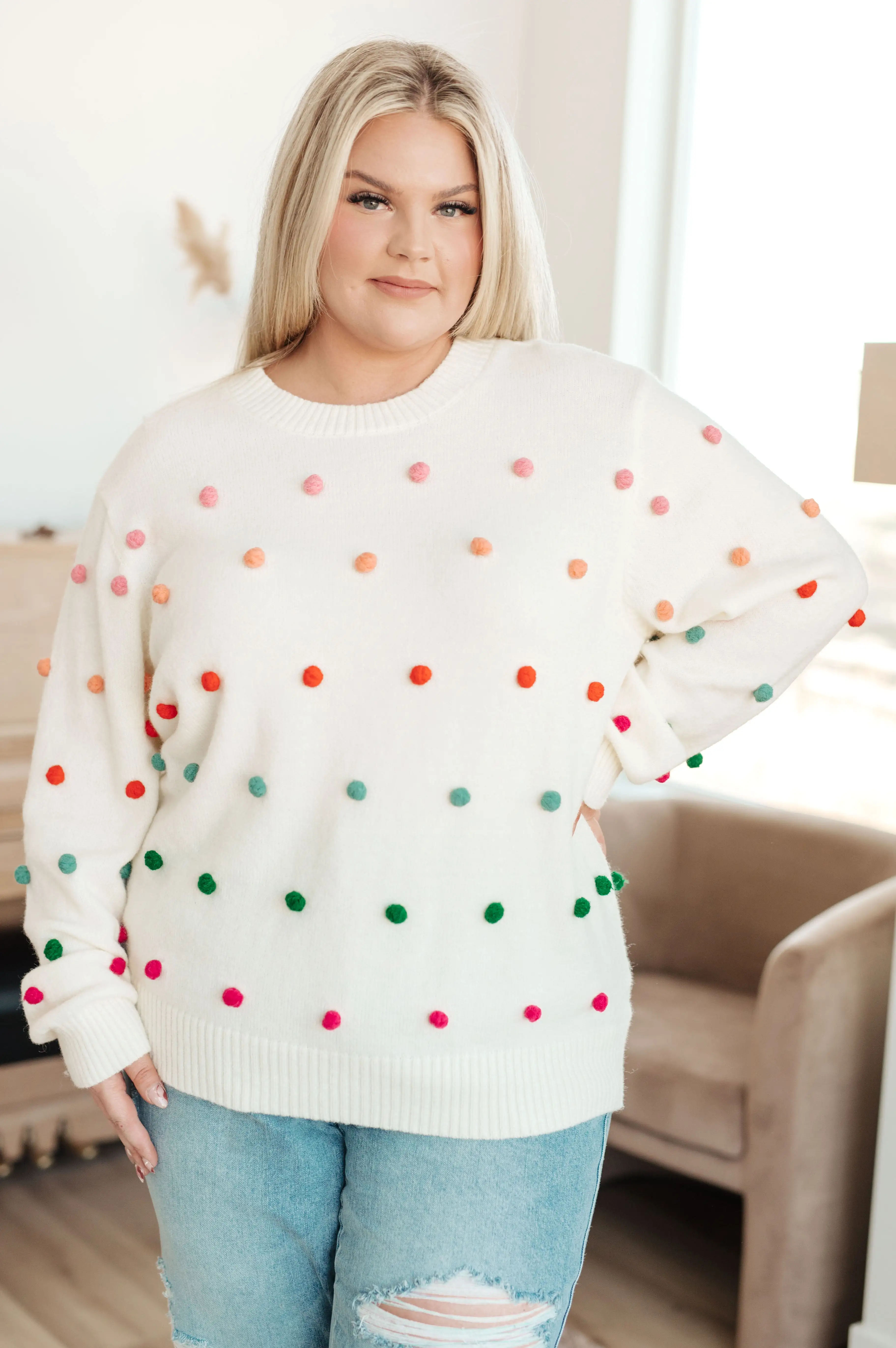 Candy Buttons Pom Detail Sweater- USE CODE SPRING24 for 40% OFF!!!!