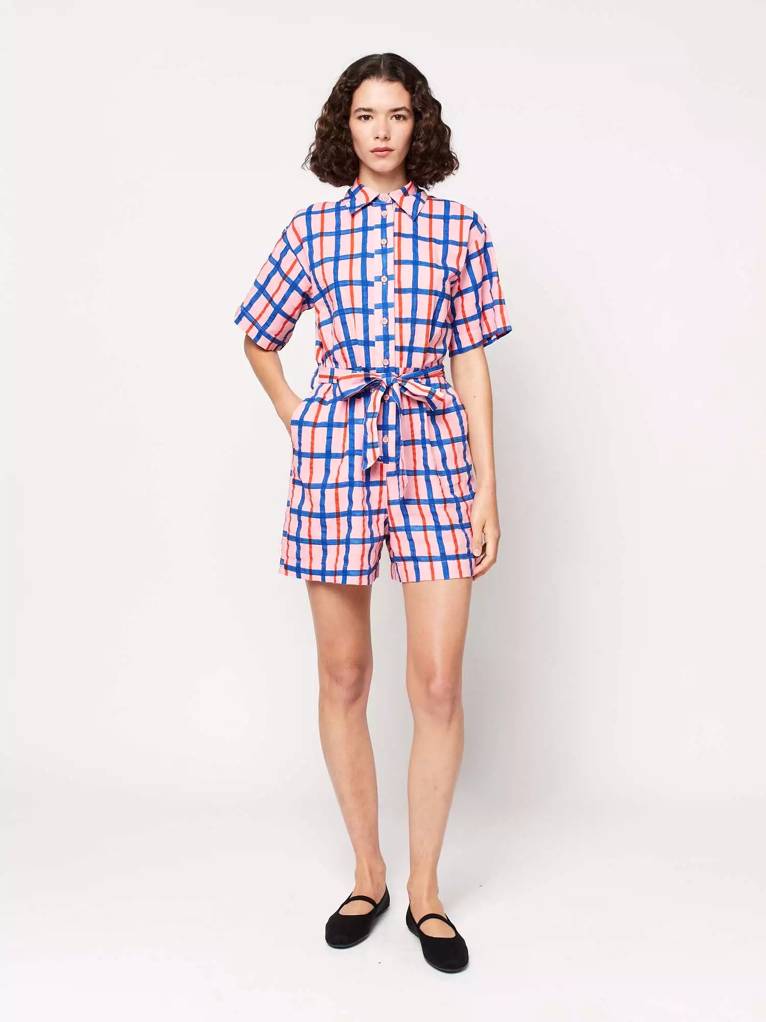 Checked Collar Buttoned Short Playsuit