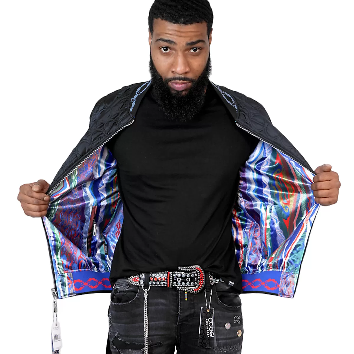 COOGI LINK QUILT (REVERSIBLE TO NATIVE BLUES PRINT) SATIN JACKET