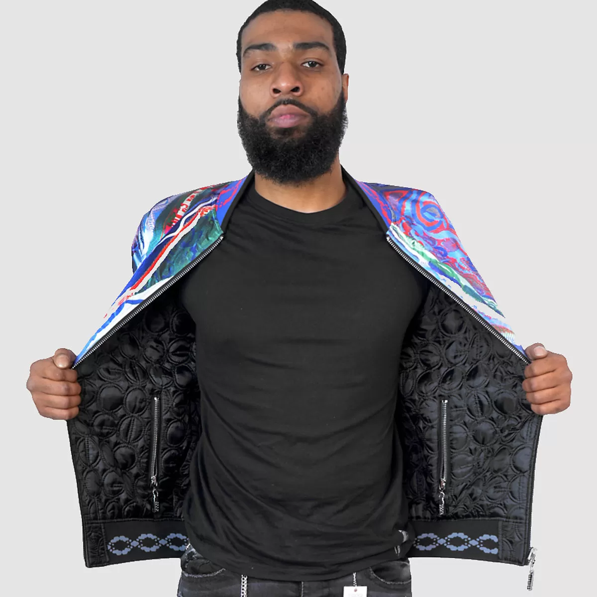 COOGI LINK QUILT (REVERSIBLE TO NATIVE BLUES PRINT) SATIN JACKET