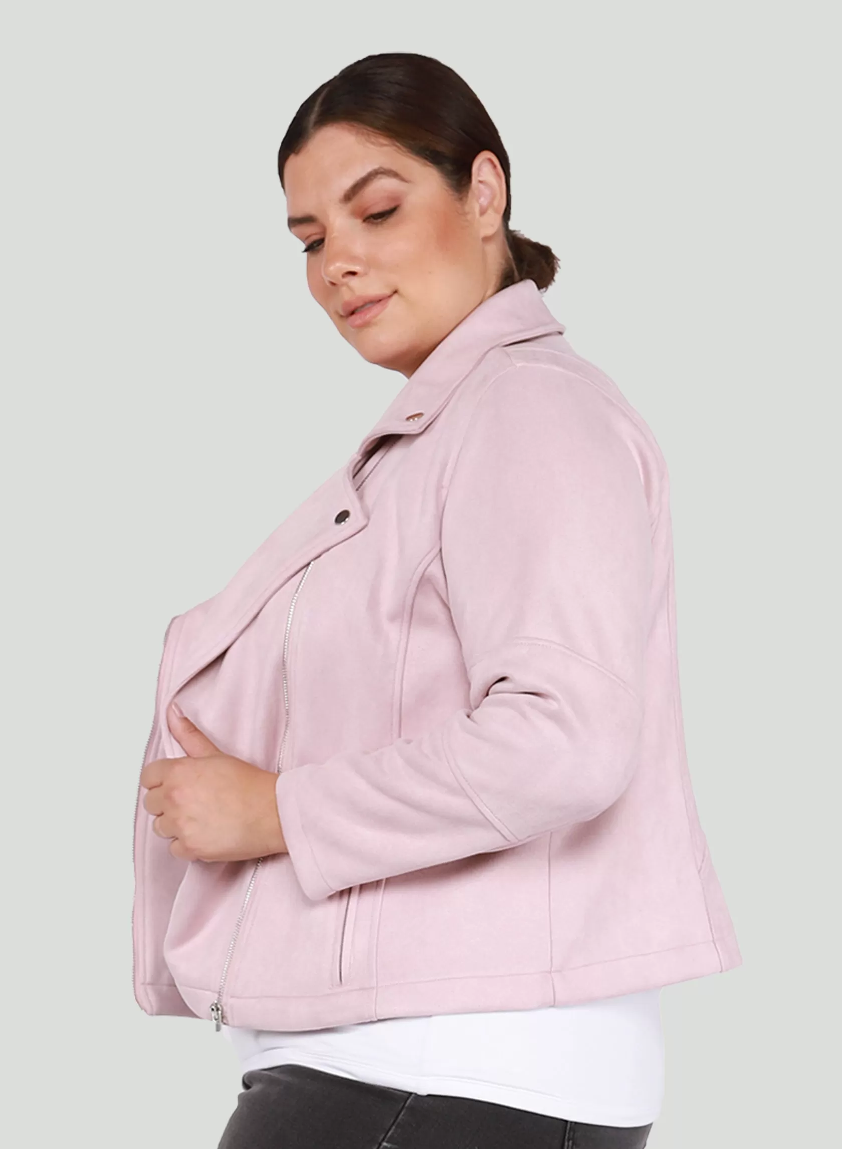 Dex Plus Faux Suede Moto Jacket in Petal Pink