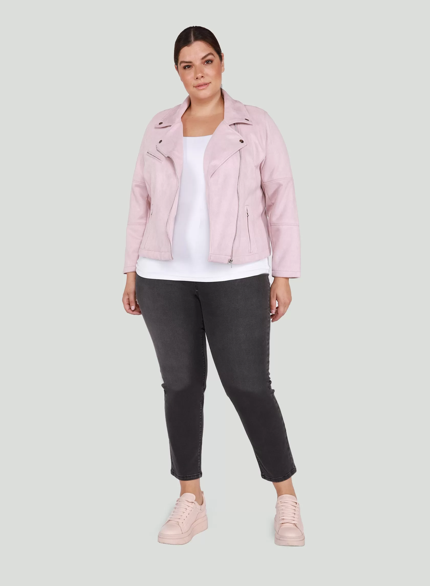 Dex Plus Faux Suede Moto Jacket in Petal Pink