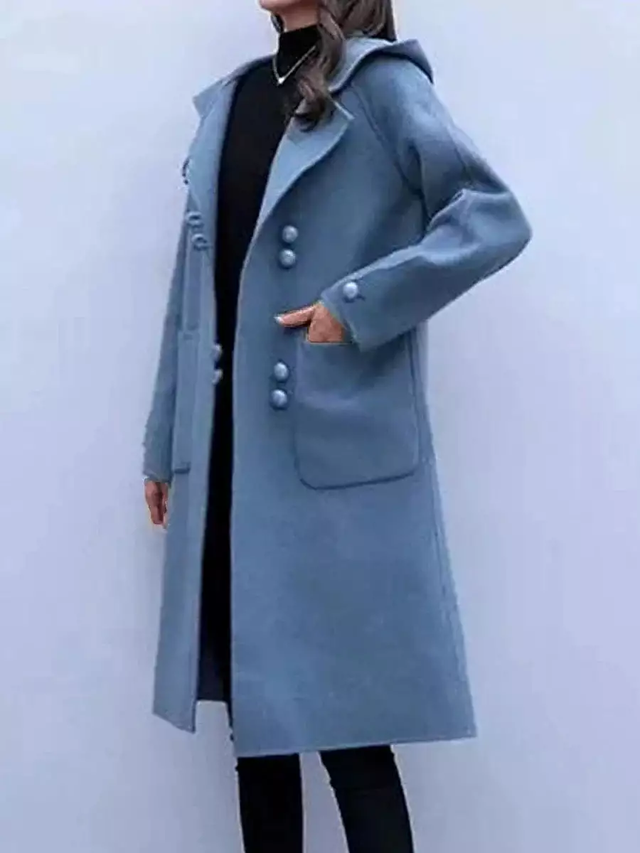 Elegant Hooded Overcoat for Women - Fall/Winter Windproof Pea Coat with Pockets