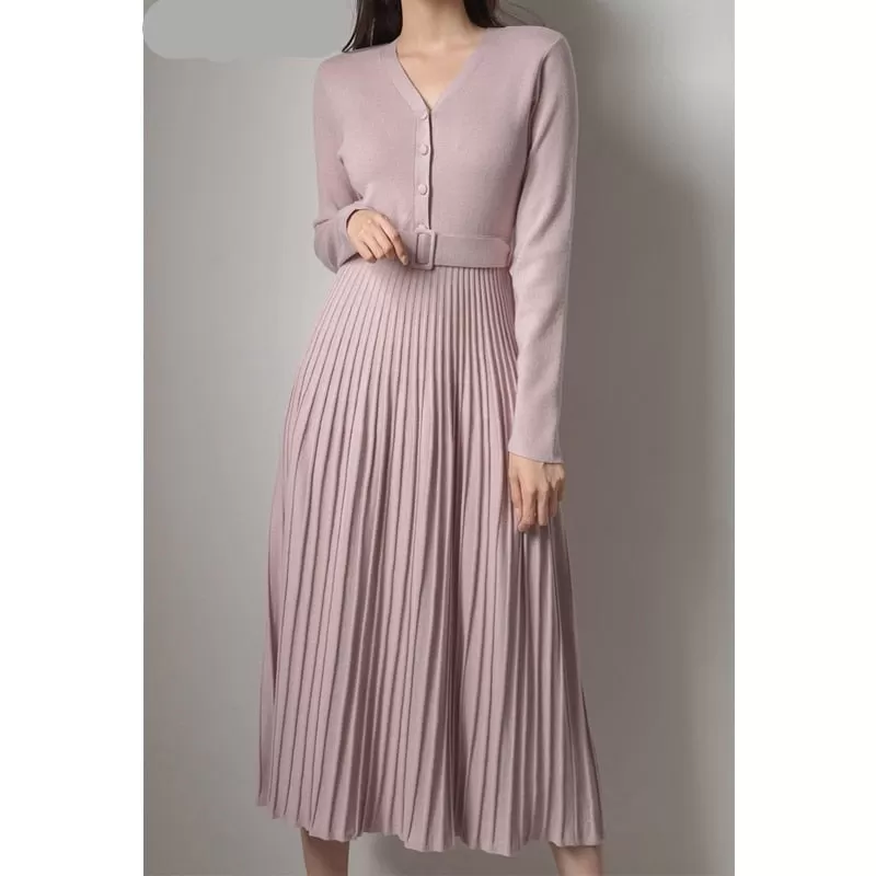 Elegant V-neck Single-breasted Women Thicken Sweater Dress