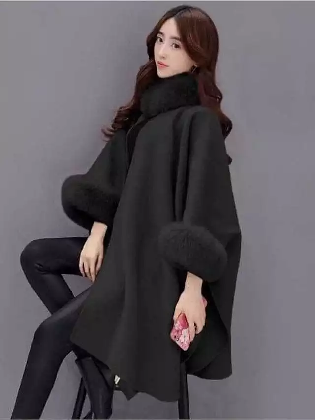 Elegant Women's Faux Fur Lapel Cloak/Cape Overcoat