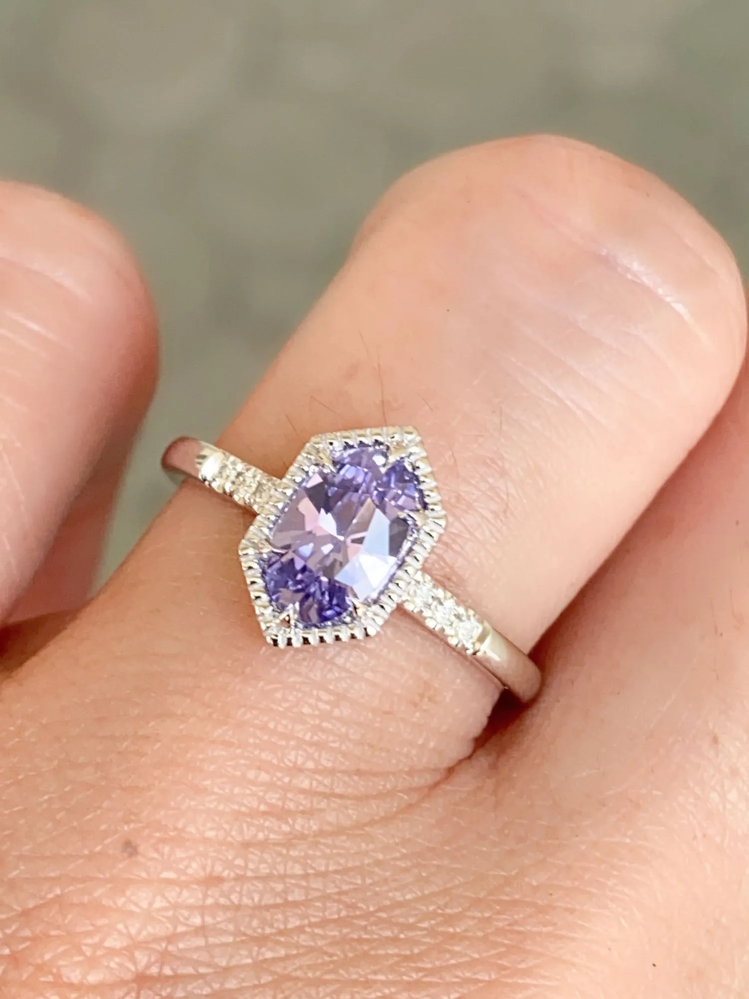 Elongated Lavender Purple Sapphire 14K White Gold Engagement Ring R6574