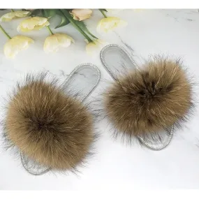 Fluffy Real Raccoon Fur Jelly Transparent Flip-Flop Slippers for Women