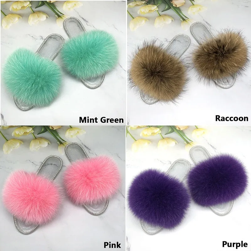 Fluffy Real Raccoon Fur Jelly Transparent Flip-Flop Slippers for Women