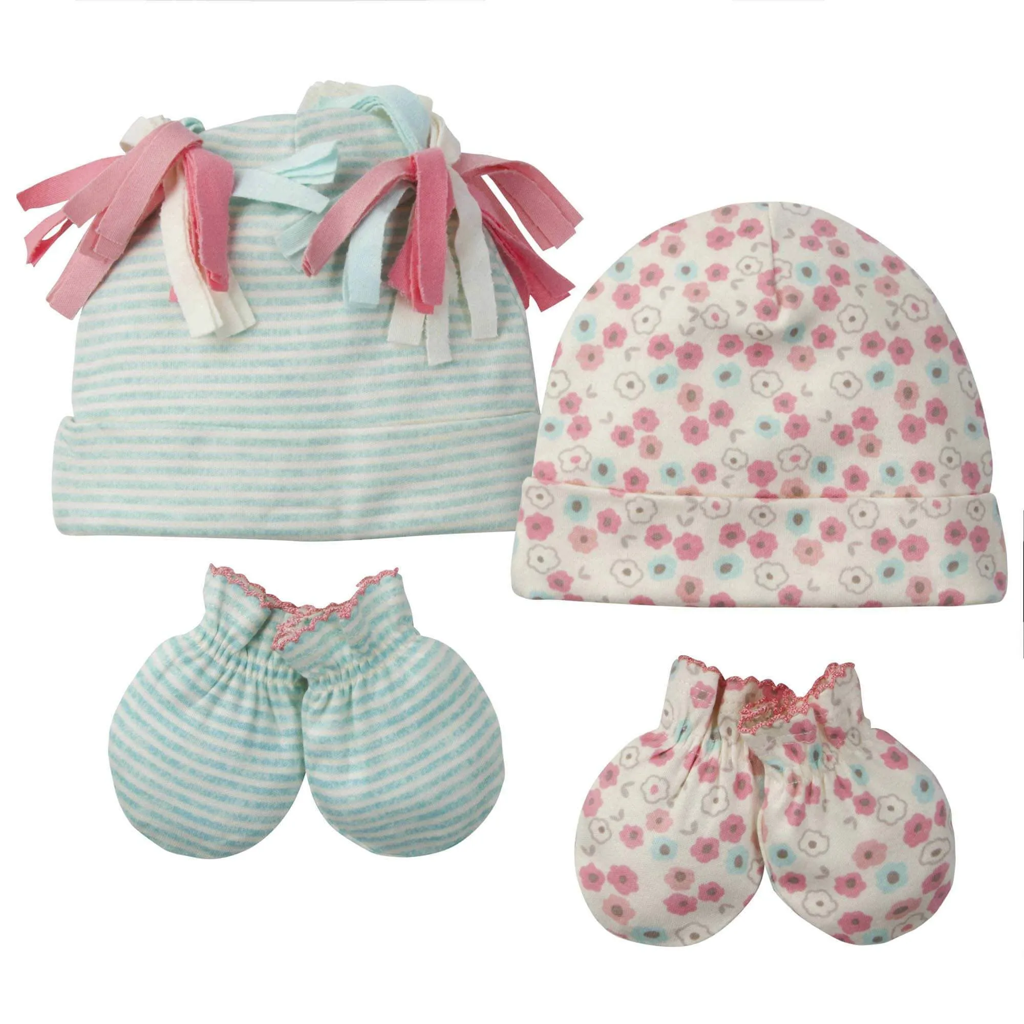 Gerber 4-Piece Baby Girls Floral Organic Caps and Mittens Set