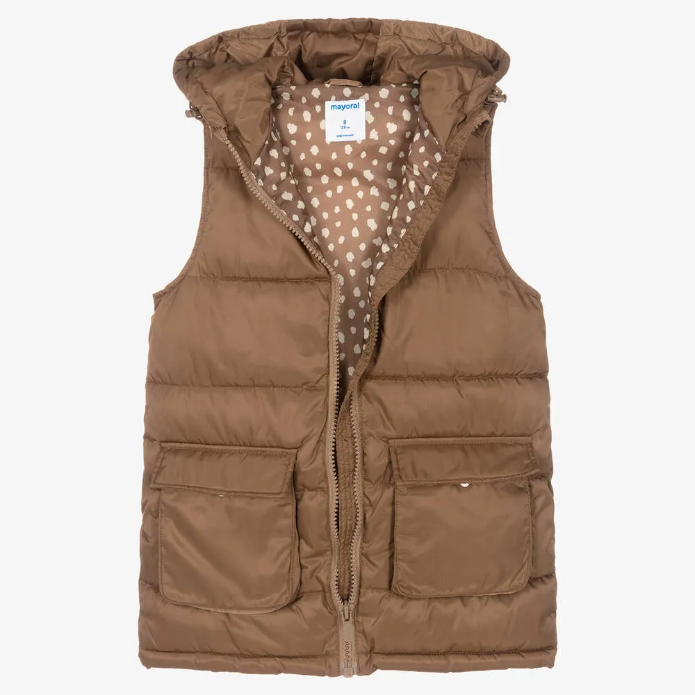 Girls Brown Hooded Gilet Jacket