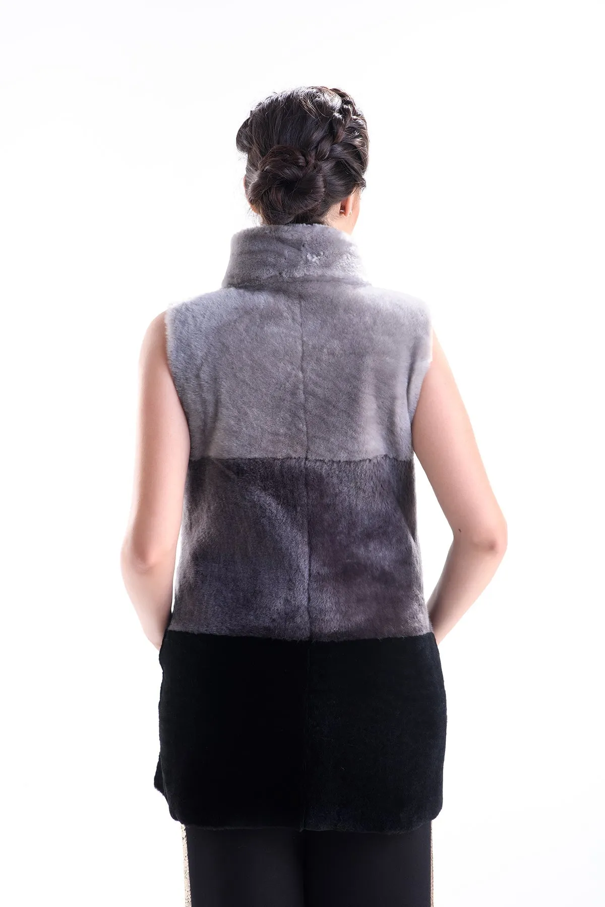 Gray Double Face Geniune Nappa Lamb Leather Mouton Fur Vest