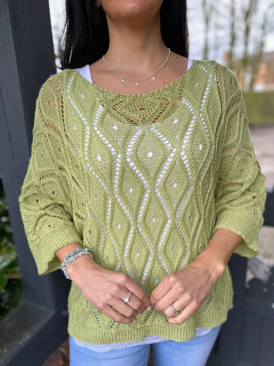 Green Crochet Patterned Batwing Knit Dolly