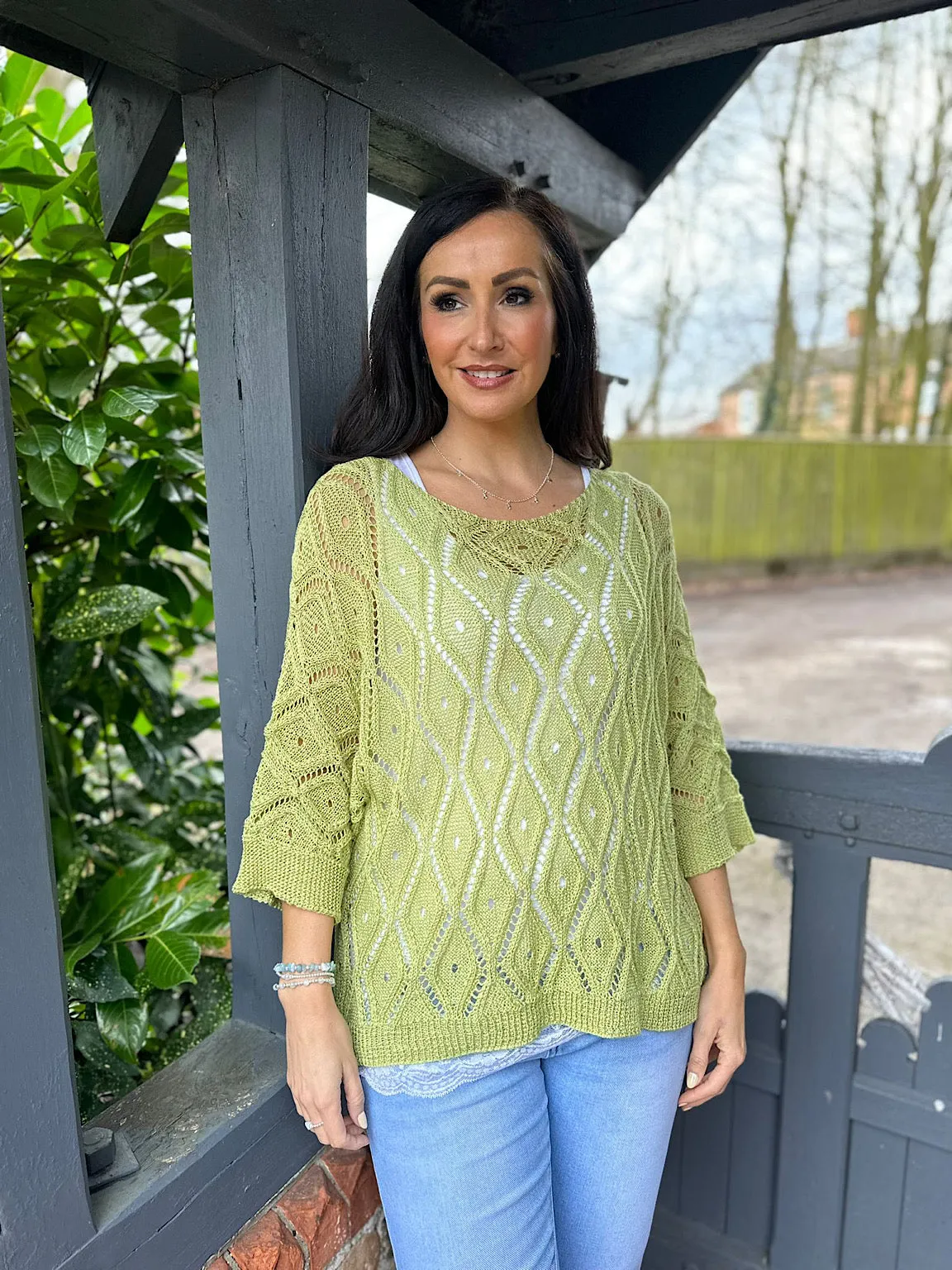 Green Crochet Patterned Batwing Knit Dolly