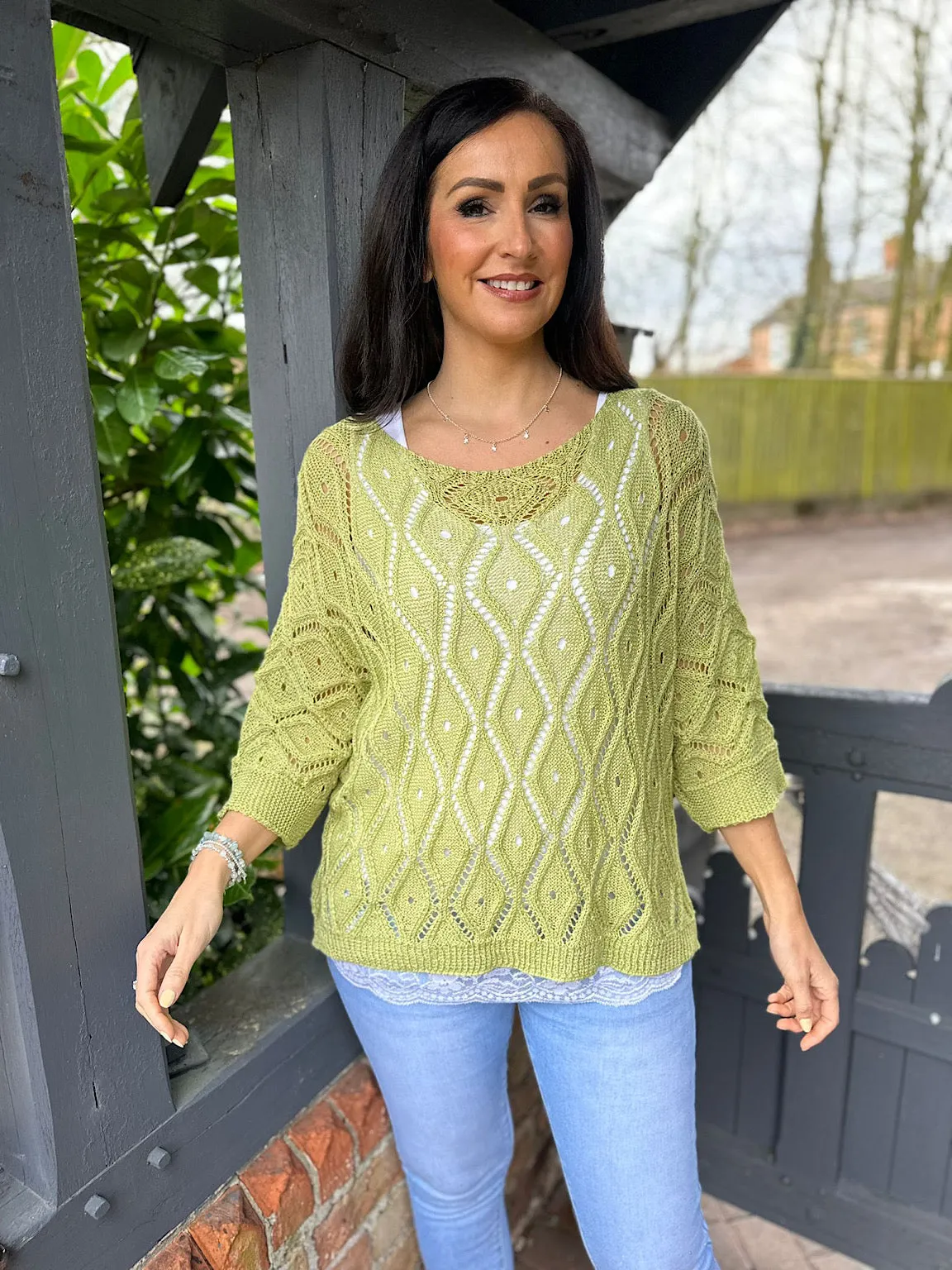 Green Crochet Patterned Batwing Knit Dolly