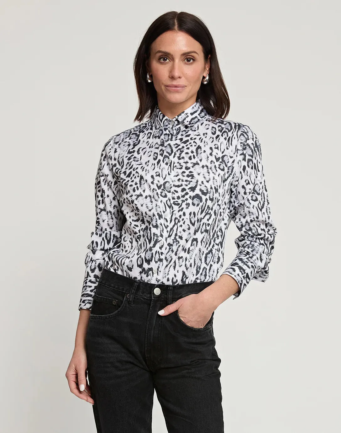 HINSON WU - DIANE LONG SLEEVE SNOW LEOPARD PRINT SATEEN SHIRT