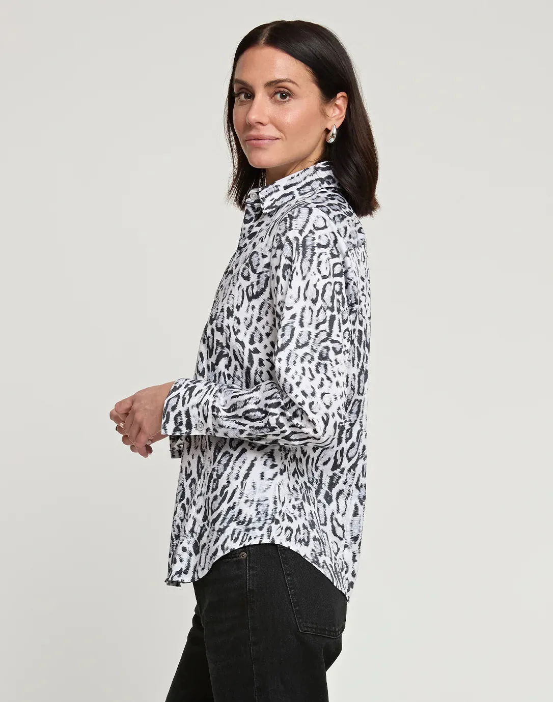 HINSON WU - DIANE LONG SLEEVE SNOW LEOPARD PRINT SATEEN SHIRT