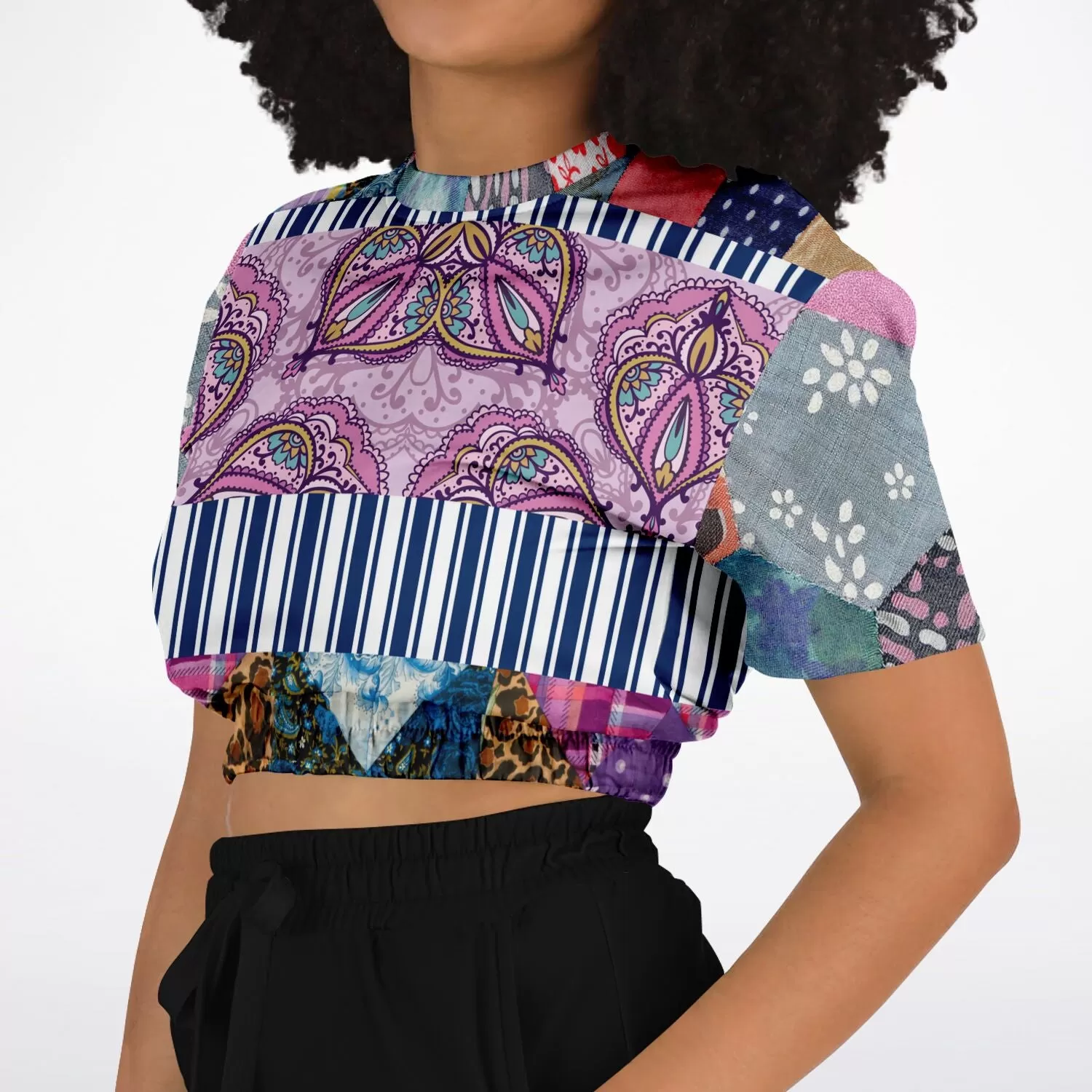 Juxtapose Patchwork Quilt Short Sleeve Cropped Eco-Poly Sweater