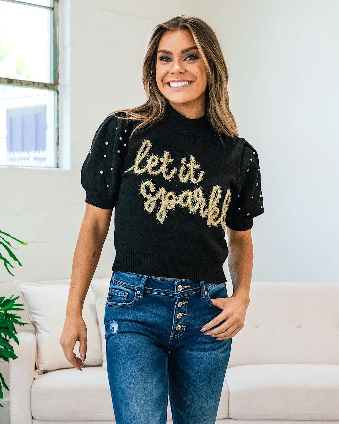 Let it Sparkle Short Sleeve Black Sweater