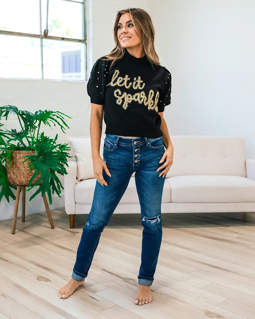 Let it Sparkle Short Sleeve Black Sweater