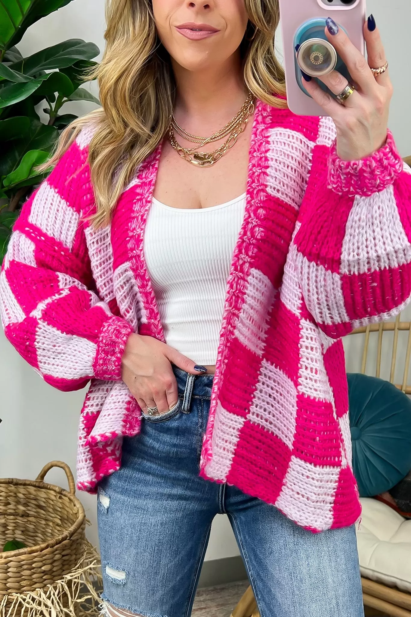 Leveled-Up Check Print Drop Sleeve Cardigan