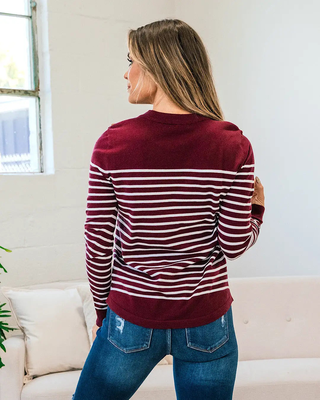 Maddie Burgundy Striped Button Shoulder Sweater