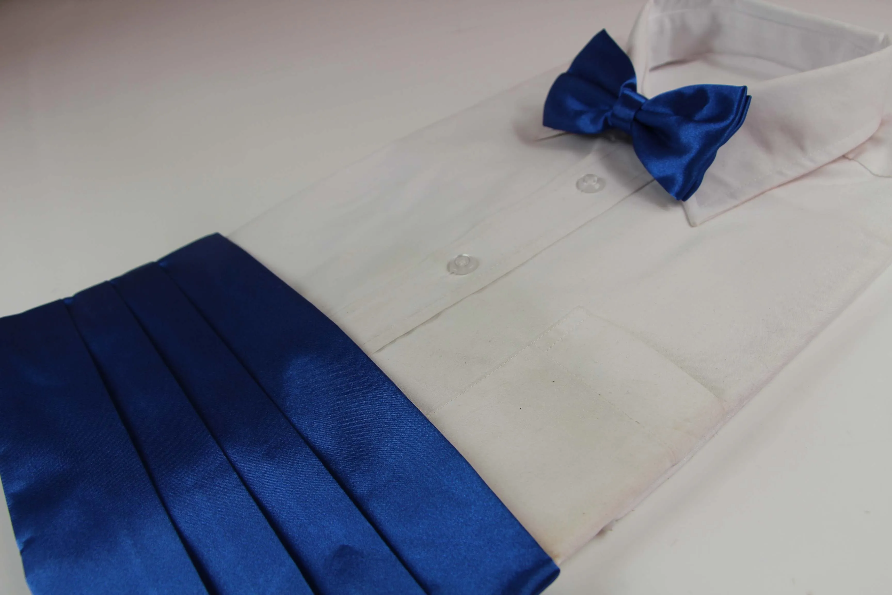 Mens Blue Cummerbund & Matching Plain Bow Tie Set