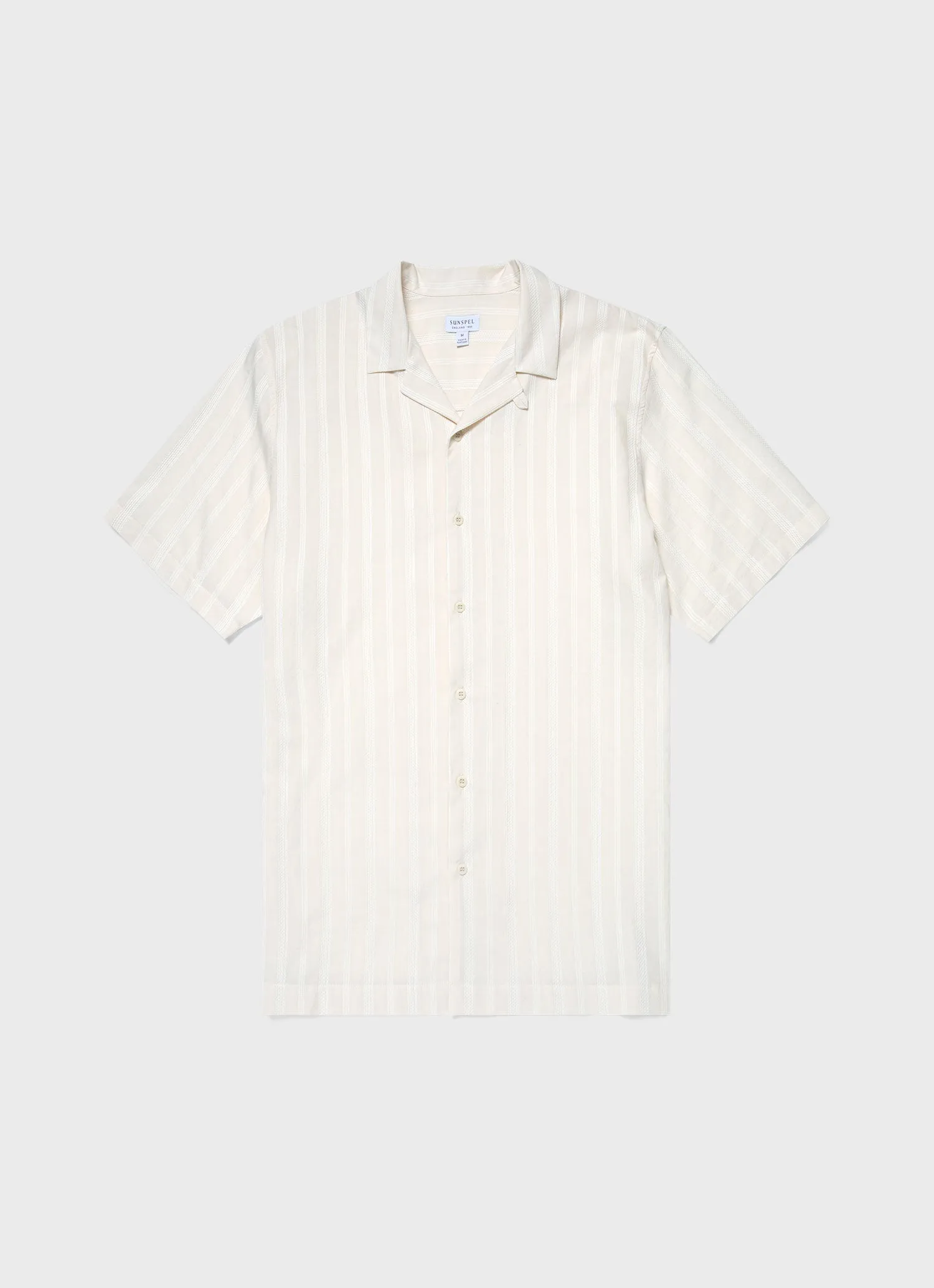 Men's Embroidered Stripe Camp Collar Shirt in Ecru