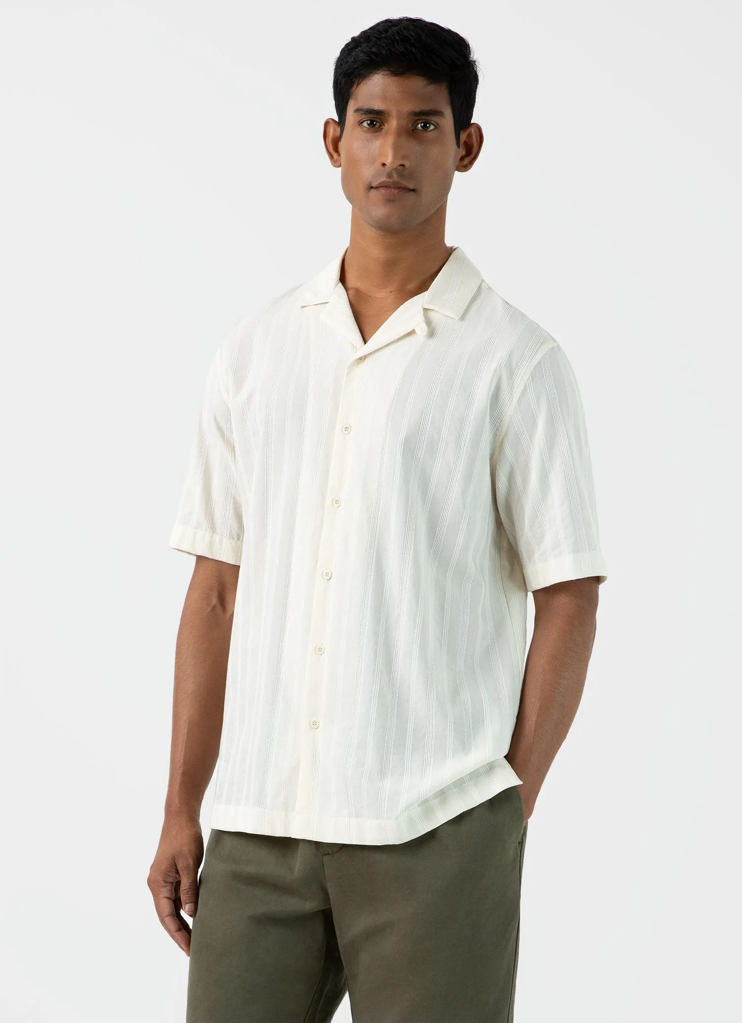 Men's Embroidered Stripe Camp Collar Shirt in Ecru