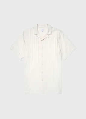 Men's Embroidered Stripe Camp Collar Shirt in Ecru