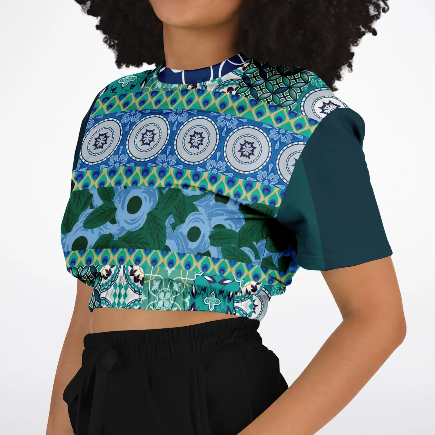 Mykonos Floral Patchwork Short Sleeve Cropped Eco-Poly Sweater