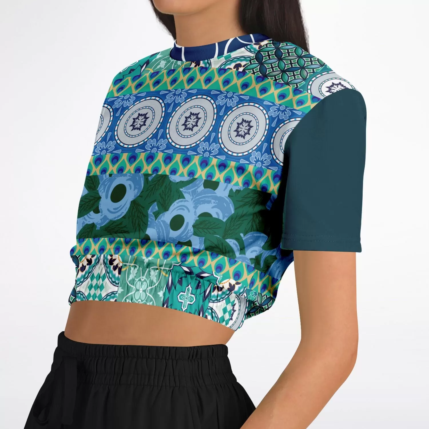 Mykonos Floral Patchwork Short Sleeve Cropped Eco-Poly Sweater